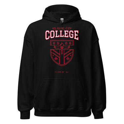 Black Atlantic City College hoodie with vintage crest and "Class of '83" text.