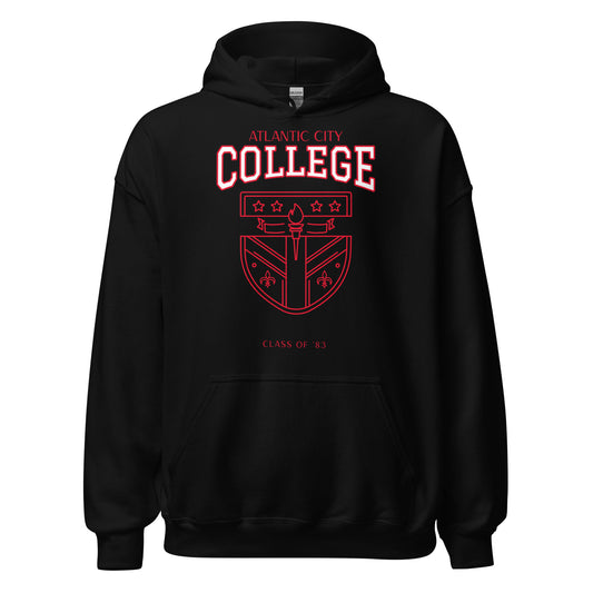 Black Atlantic City College hoodie with vintage crest and "Class of '83" text.