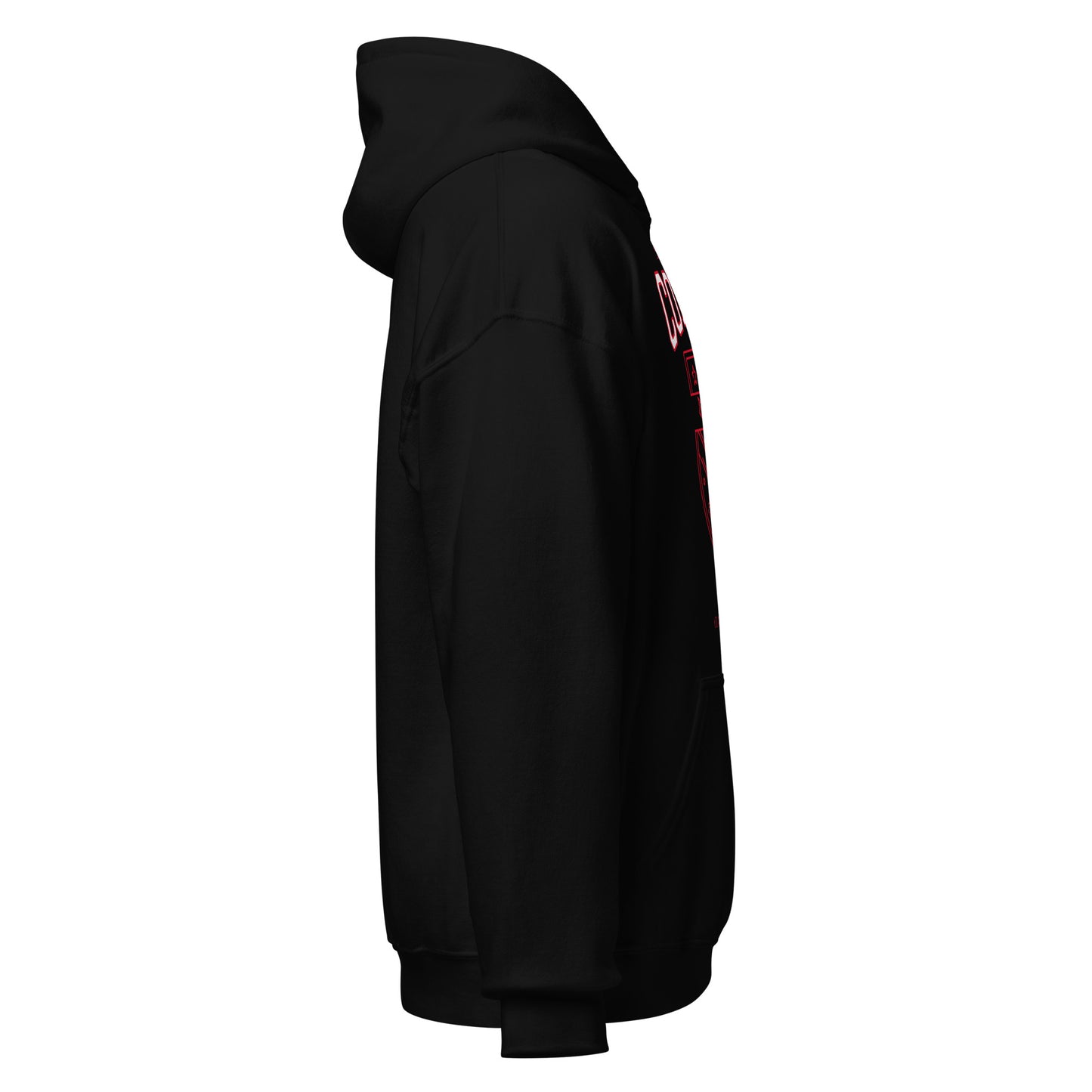 Black Atlantic City College hoodie with red lettering, shown from the side.