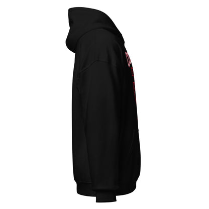 Black Atlantic City College hoodie with red lettering, shown from the side.