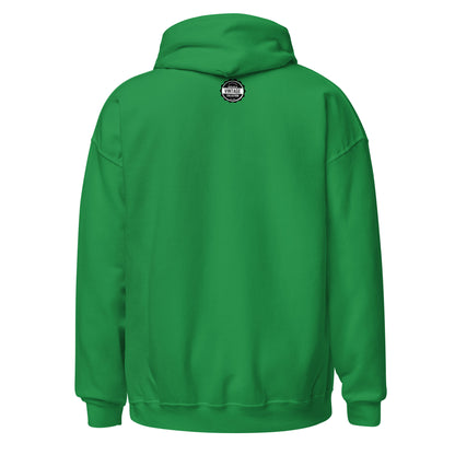 Green hoodie with a circular logo on the back.