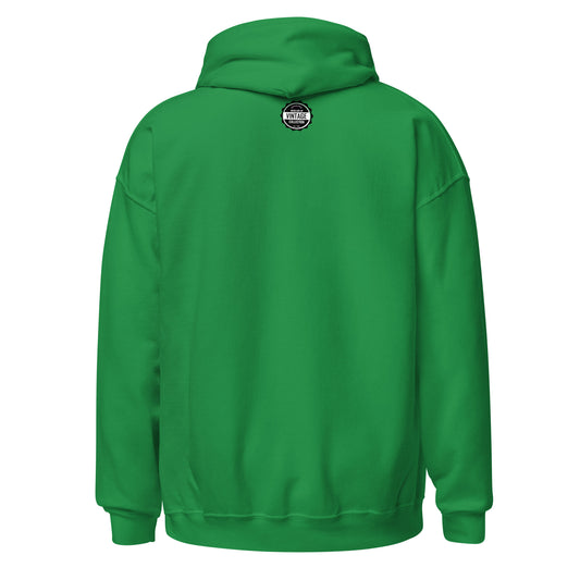 Green hoodie with a circular logo on the back.