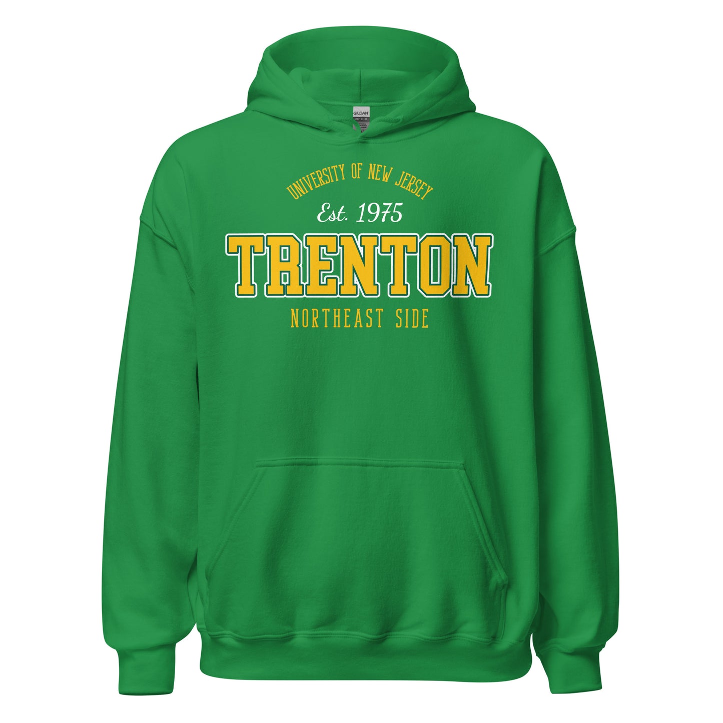 Green hoodie with "Trenton Northeast Side" and "University of New Jersey Est. 1975" text.