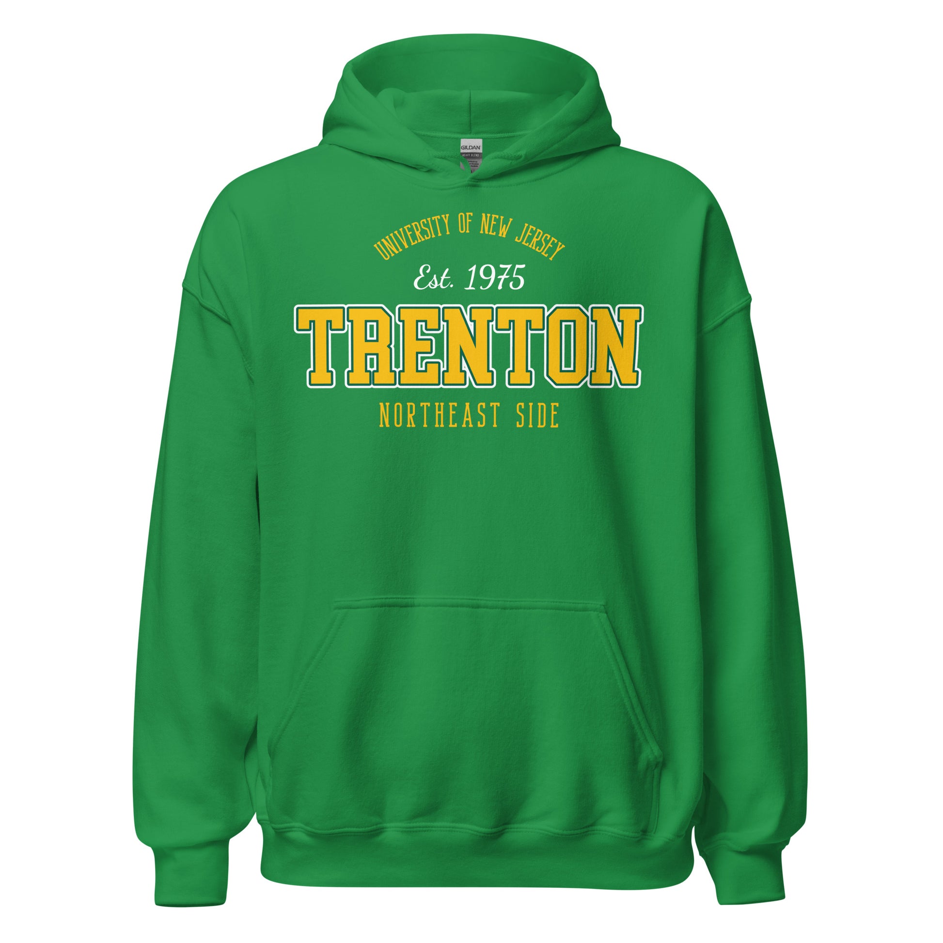 Green hoodie with "Trenton Northeast Side" and "University of New Jersey Est. 1975" text.