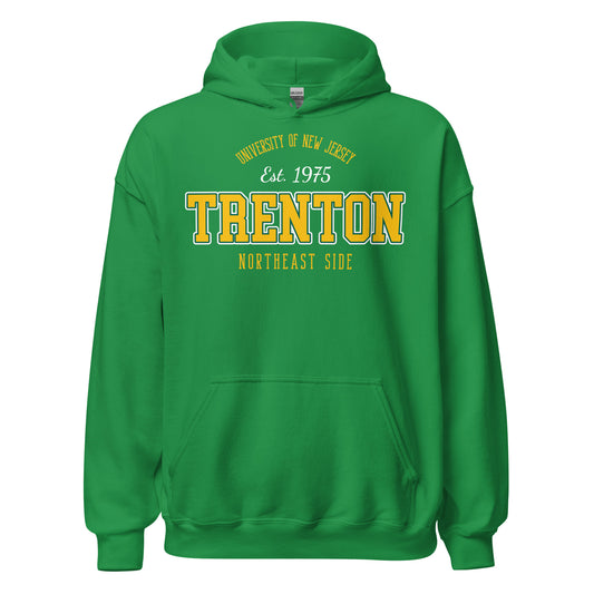 Green hoodie with "Trenton Northeast Side" and "University of New Jersey Est. 1975" text.