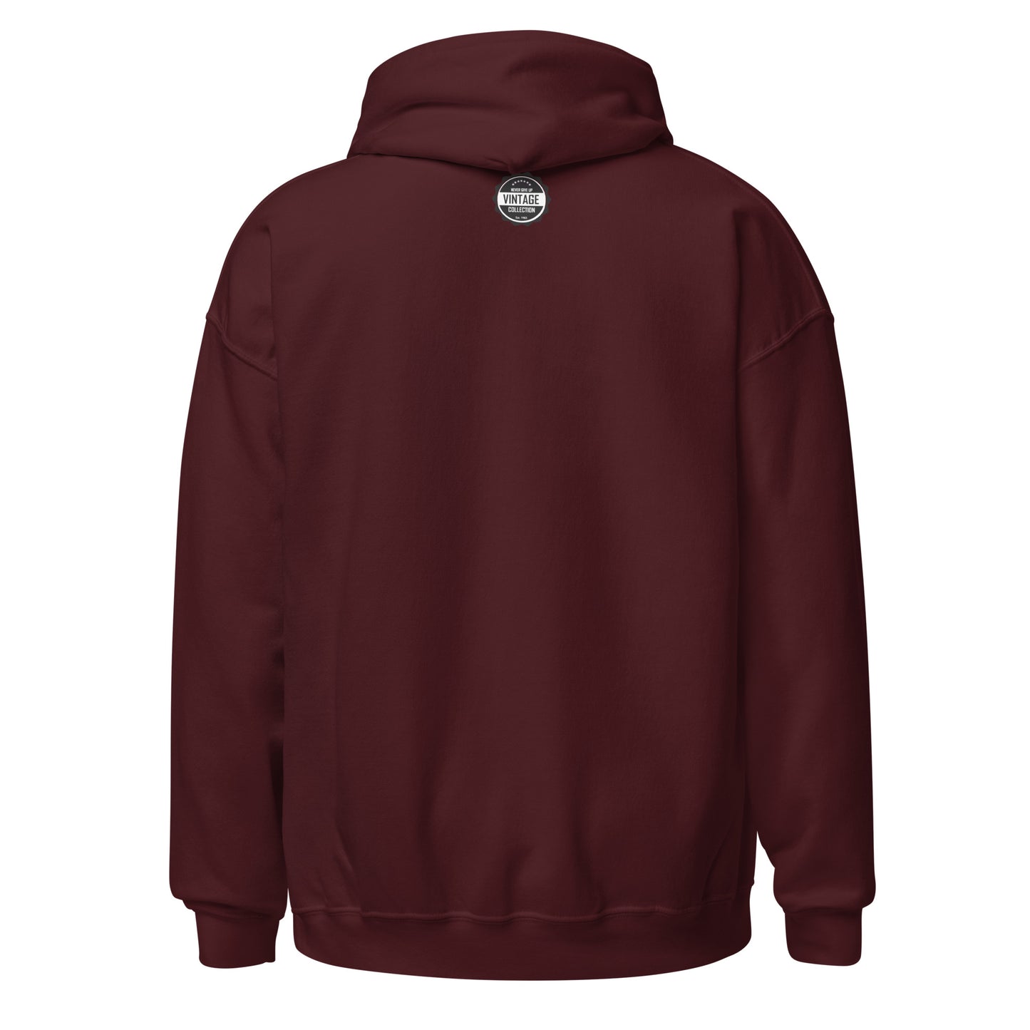 Maroon hoodie with a vintage college logo on the back.