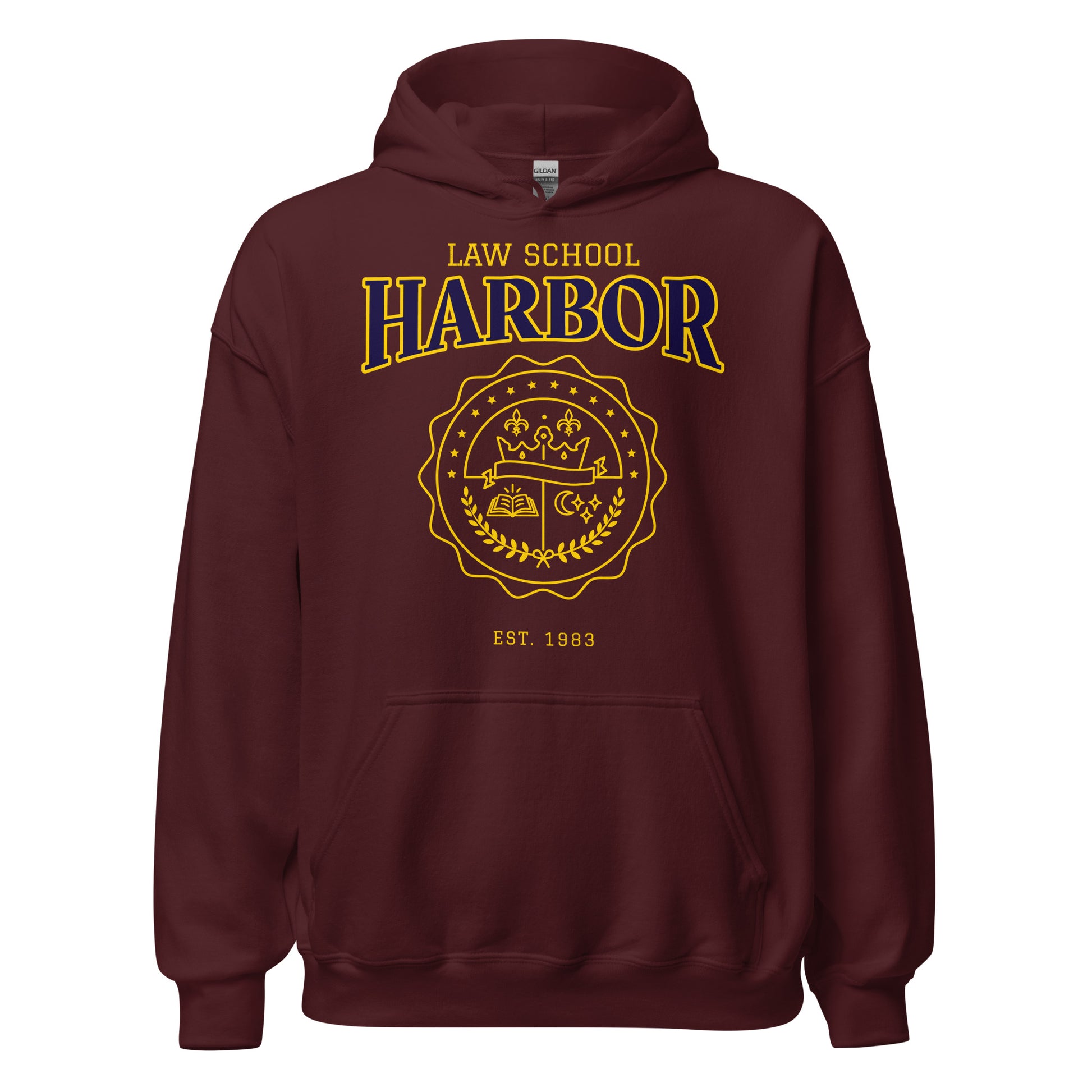 Maroon hoodie with a vintage Harbor Law School crest and "EST. 1983".