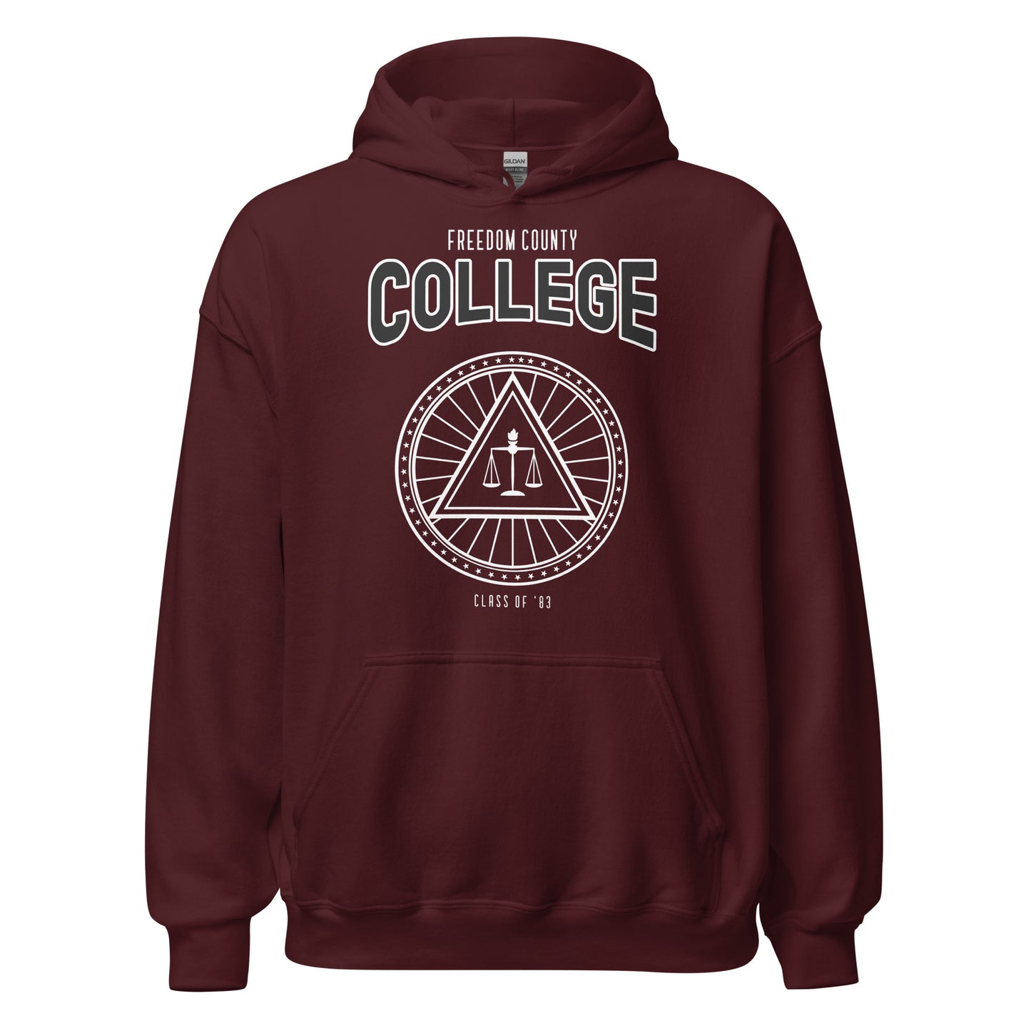 Maroon hoodie with "Freedom County College" and a circular emblem.