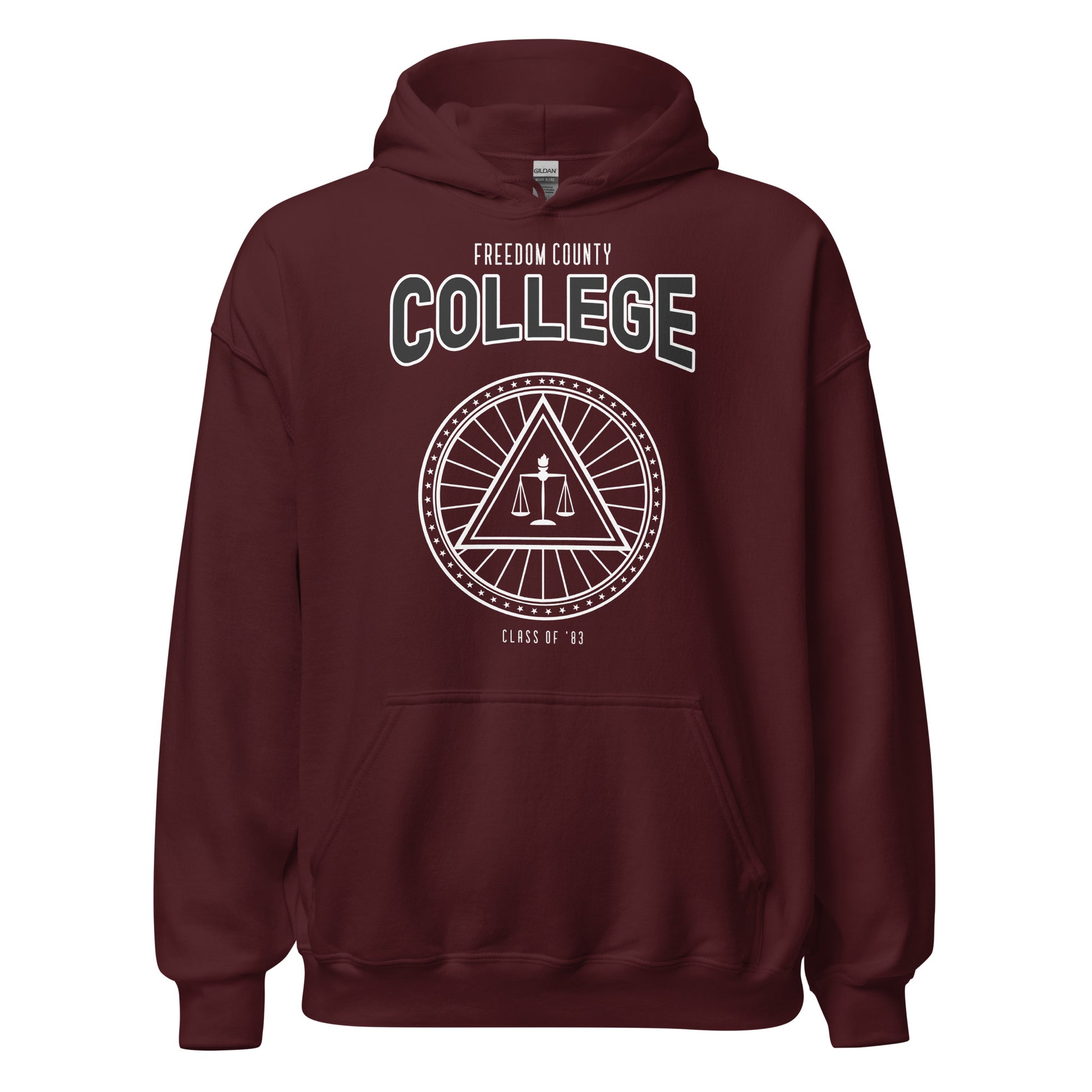 Maroon hoodie with "Freedom County College" and a circular emblem.