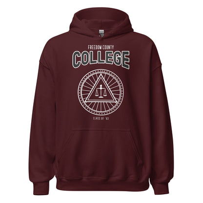 Maroon hoodie with "Freedom County College" and a circular emblem.