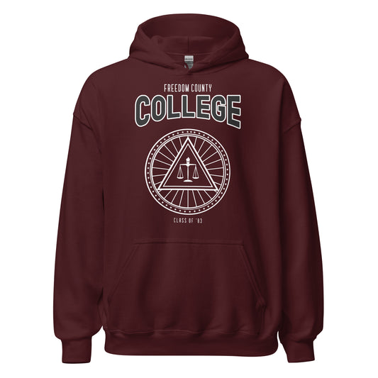 Maroon hoodie with "Freedom County College" and a circular emblem.