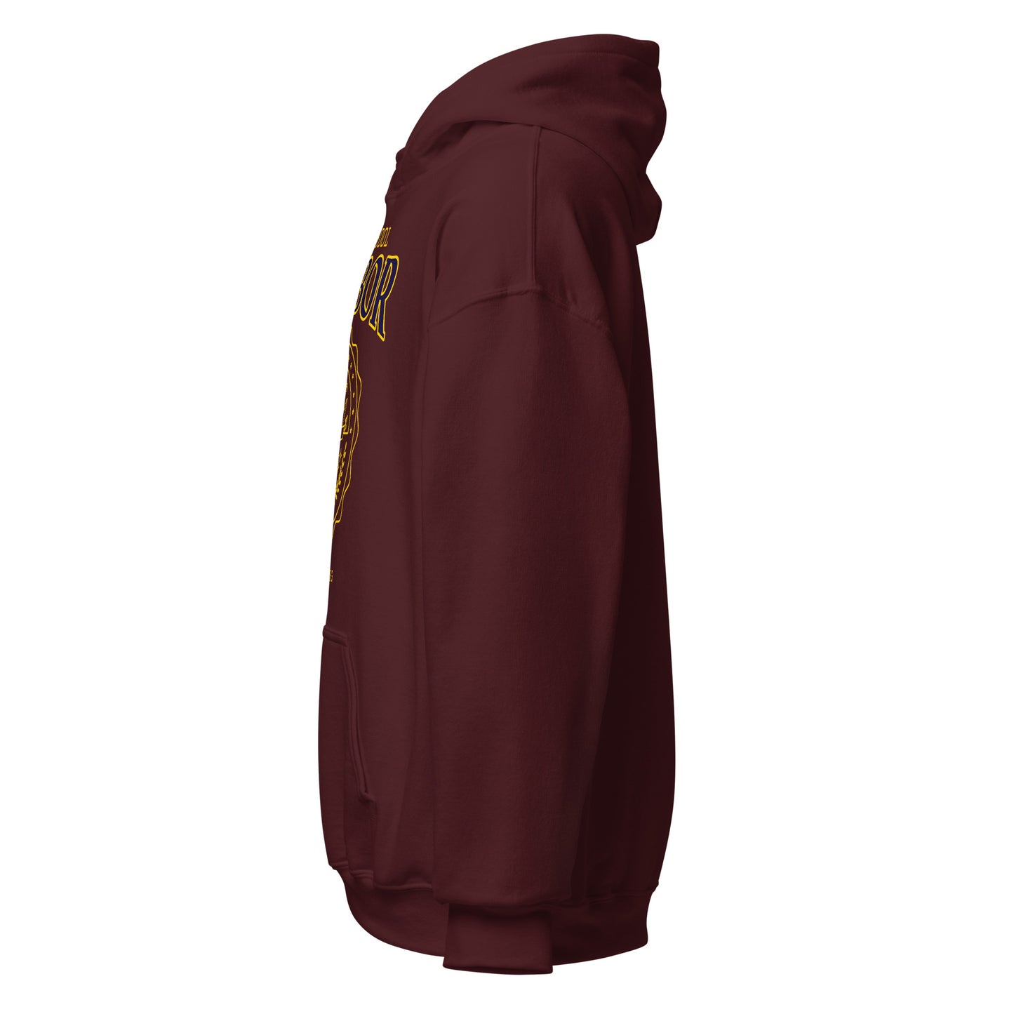 Maroon Harbor Law School hoodie with vintage collegiate crest graphic.