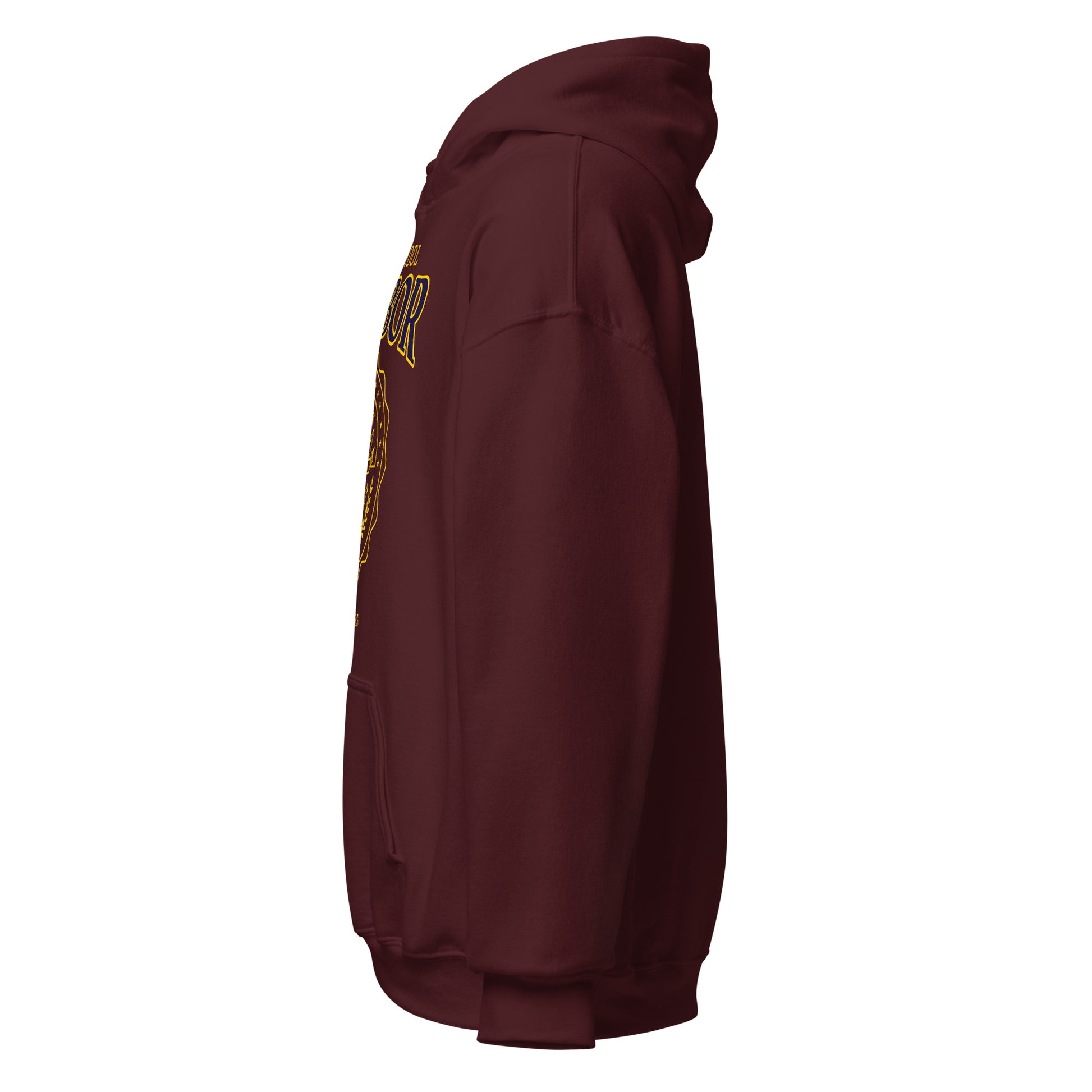 Maroon Harbor Law School hoodie with vintage collegiate crest graphic.