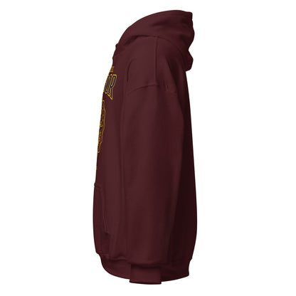 Maroon Harbor Law School hoodie with vintage collegiate crest graphic.