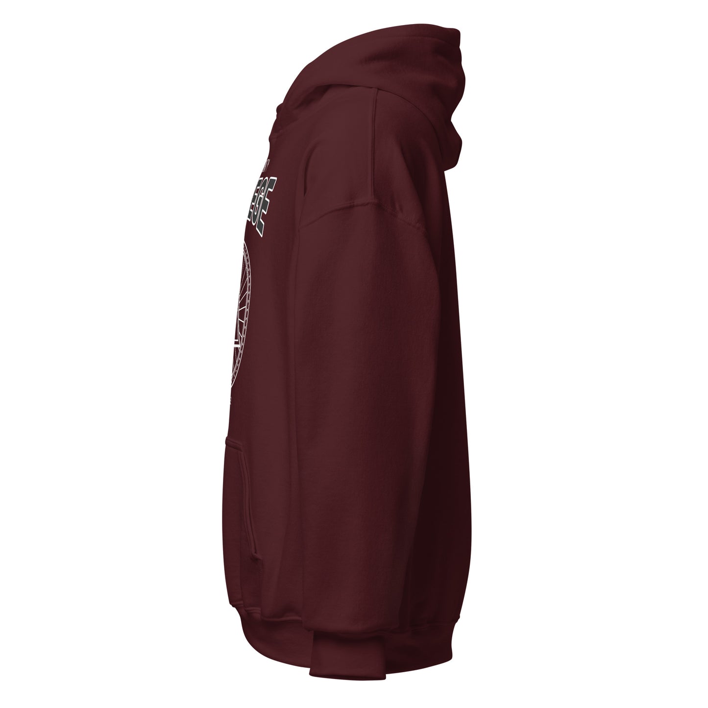Maroon hoodie with white graphic detail on the front.