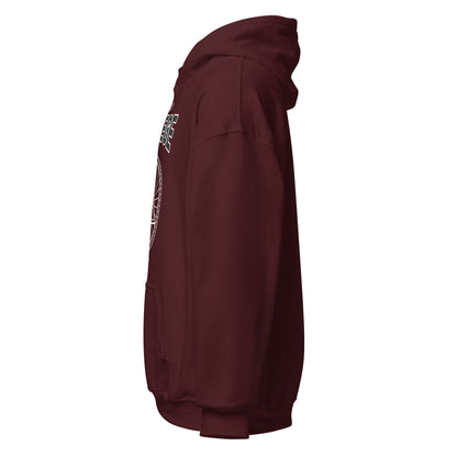 Maroon hoodie with white graphic detail on the front.