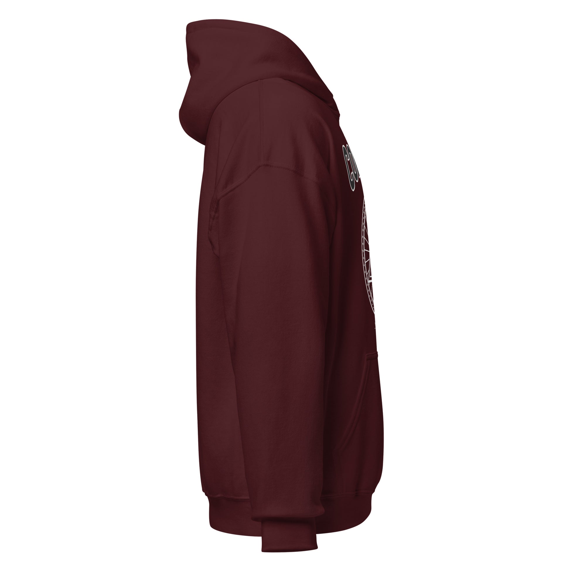 Maroon hoodie with a white graphic design on the side.