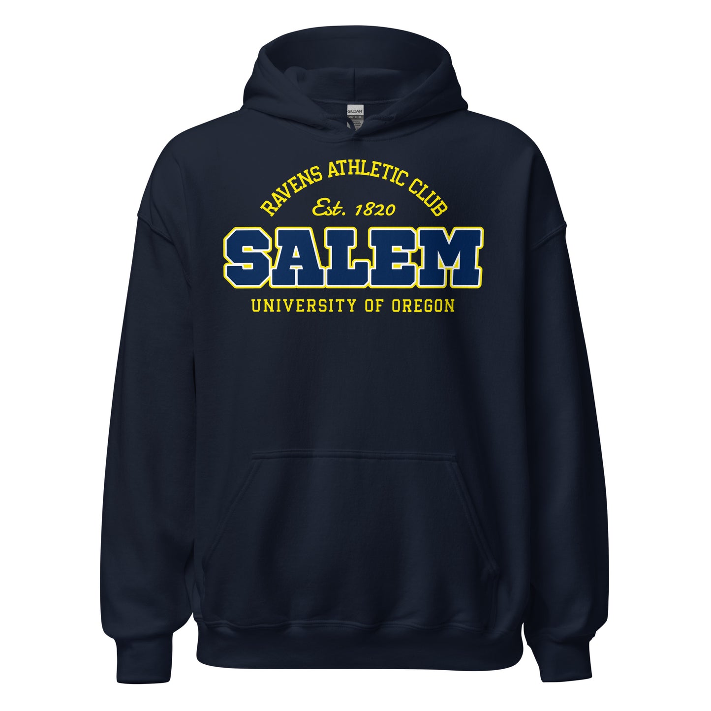 Navy blue Salem University of Oregon athletic hoodie with vintage design.
