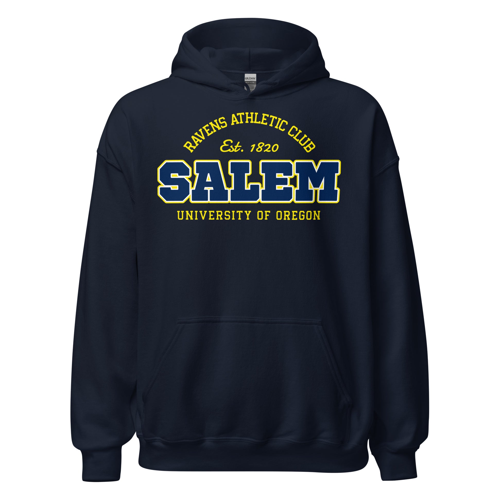 Navy blue Salem University of Oregon athletic hoodie with vintage design.