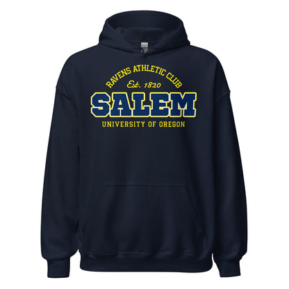 Navy blue Salem University of Oregon athletic hoodie with vintage design.