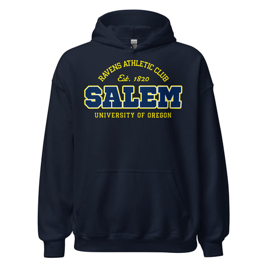 Navy blue Salem University of Oregon athletic hoodie with vintage design.