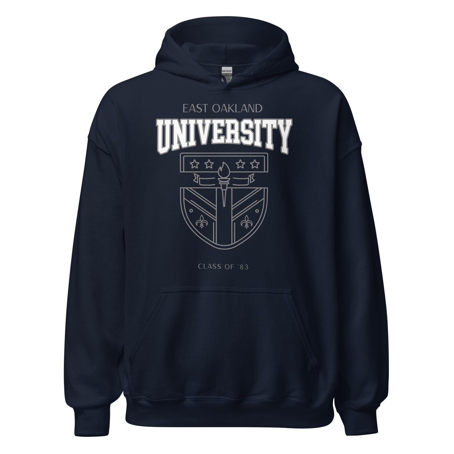 Navy blue East Oakland University hoodie with crest and "Class of '83" text.