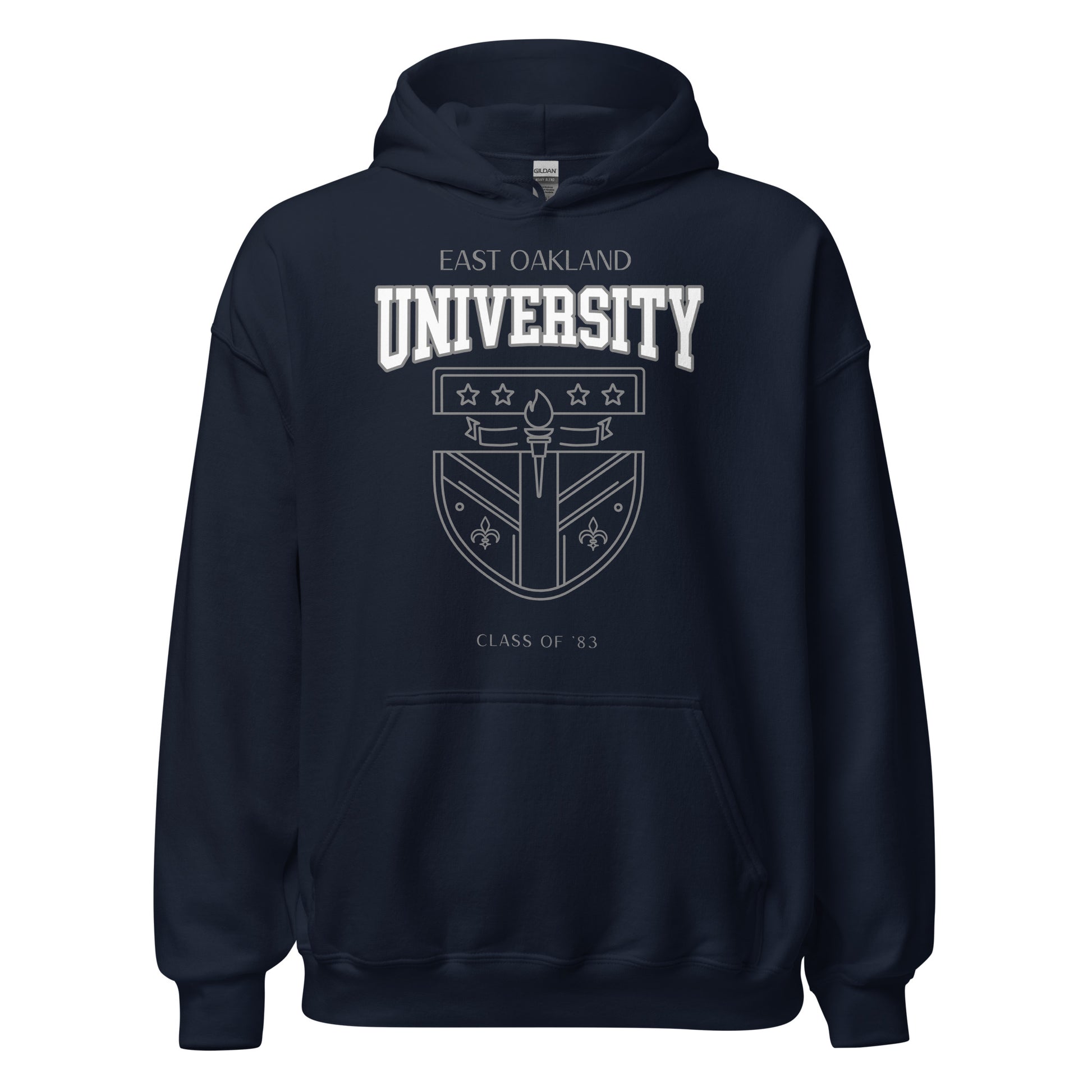 Navy blue East Oakland University hoodie with crest and "Class of '83" text.