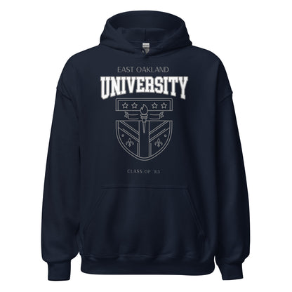 Navy blue East Oakland University hoodie with crest and "Class of '83" text.