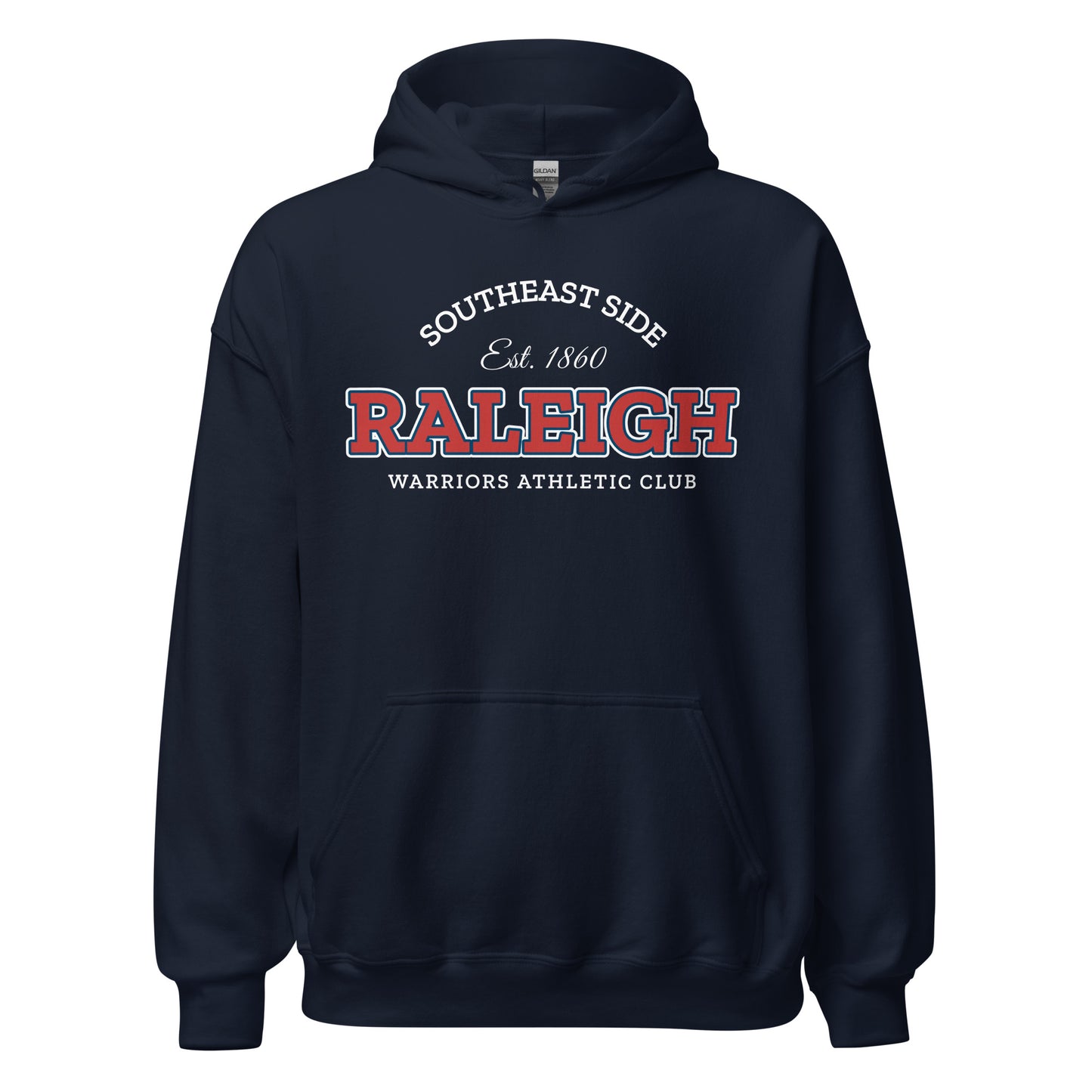 Navy blue hoodie with "Raleigh Warriors Athletic Club" graphic.