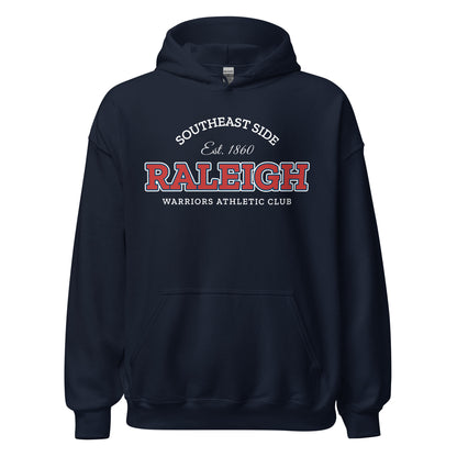 Navy blue hoodie with "Raleigh Warriors Athletic Club" graphic.