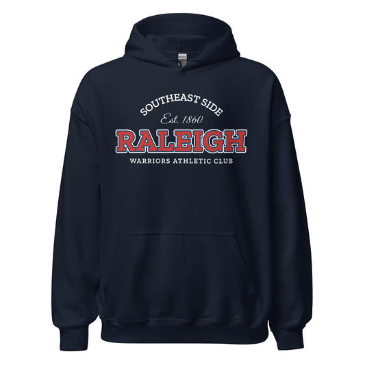 Navy blue hoodie with "Raleigh Warriors Athletic Club" graphic.