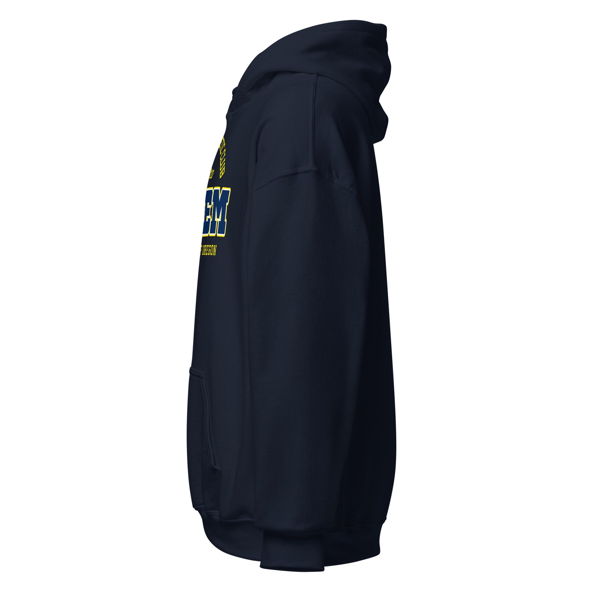 Navy blue Salem University of Oregon hoodie with yellow text.