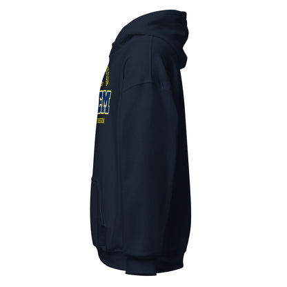 Navy blue Salem University of Oregon hoodie with yellow text.