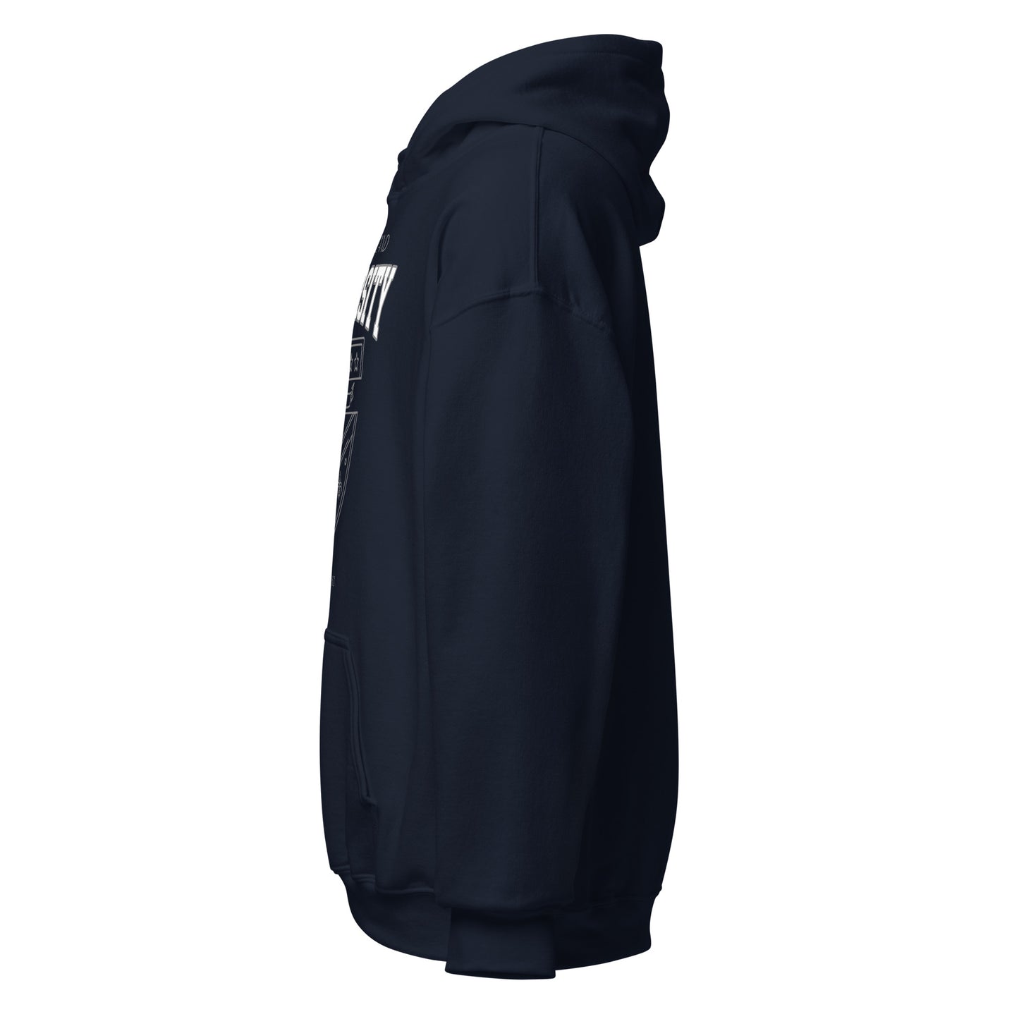 Dark navy East Oakland University hoodie with white text and graphics.