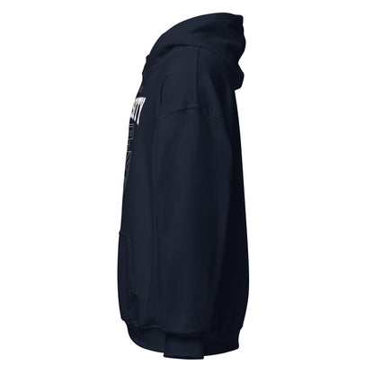 Dark navy East Oakland University hoodie with white text and graphics.