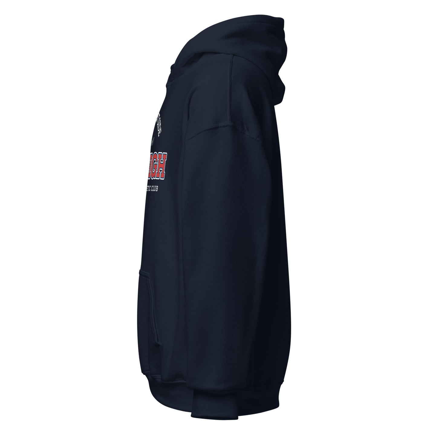 Navy blue Raleigh Warriors Athletic Club hoodie with "Raleigh" and "GH" visible.