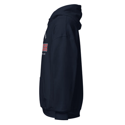 Navy blue Raleigh Warriors Athletic Club hoodie with "Raleigh" and "GH" visible.