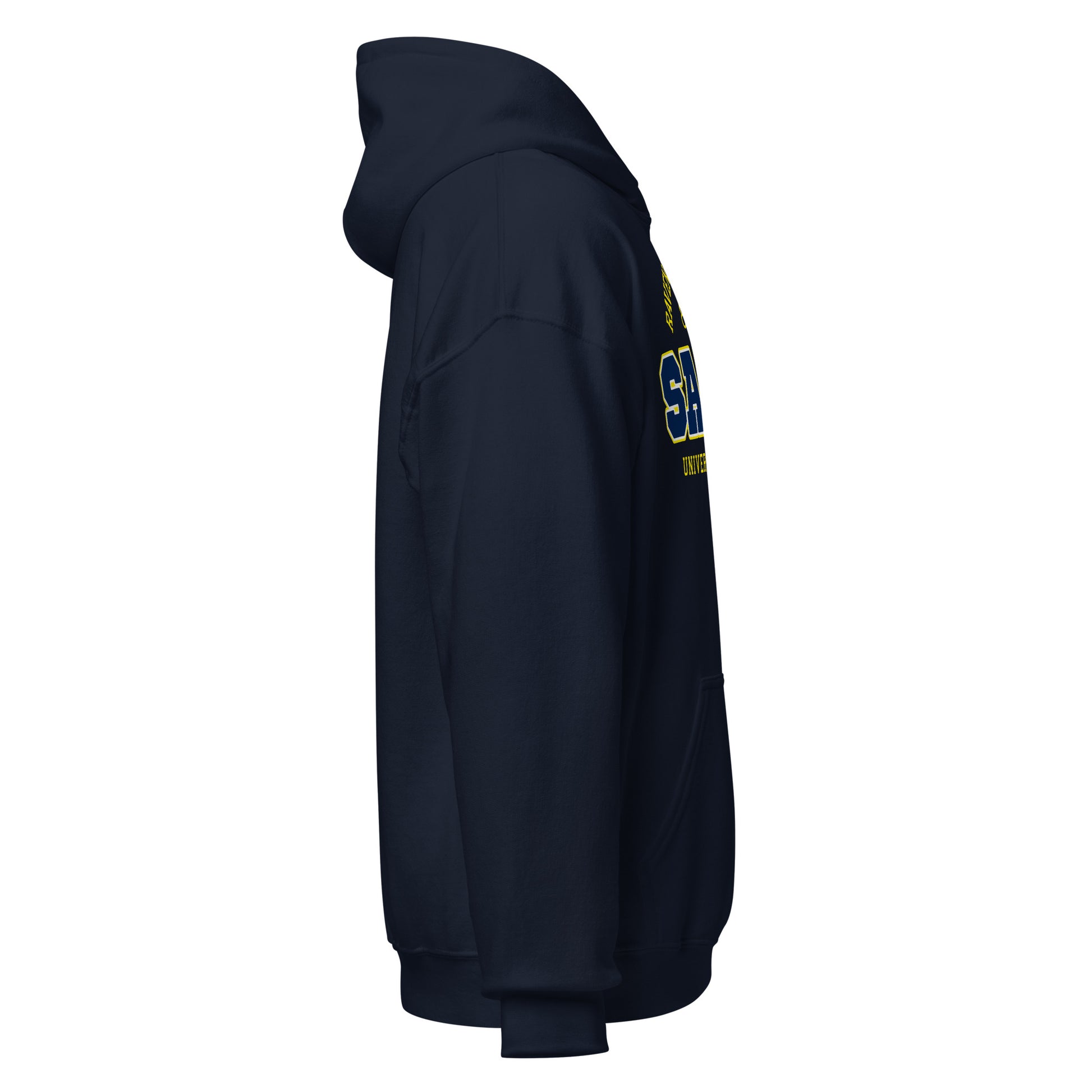 Salem University of Oregon navy blue college hoodie with yellow lettering.
