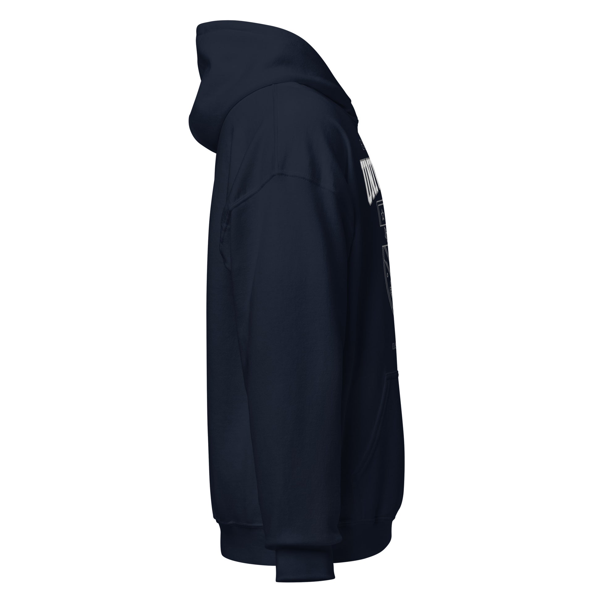 A navy blue East Oakland University hoodie shown from the side.