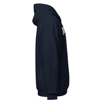A navy blue East Oakland University hoodie shown from the side.