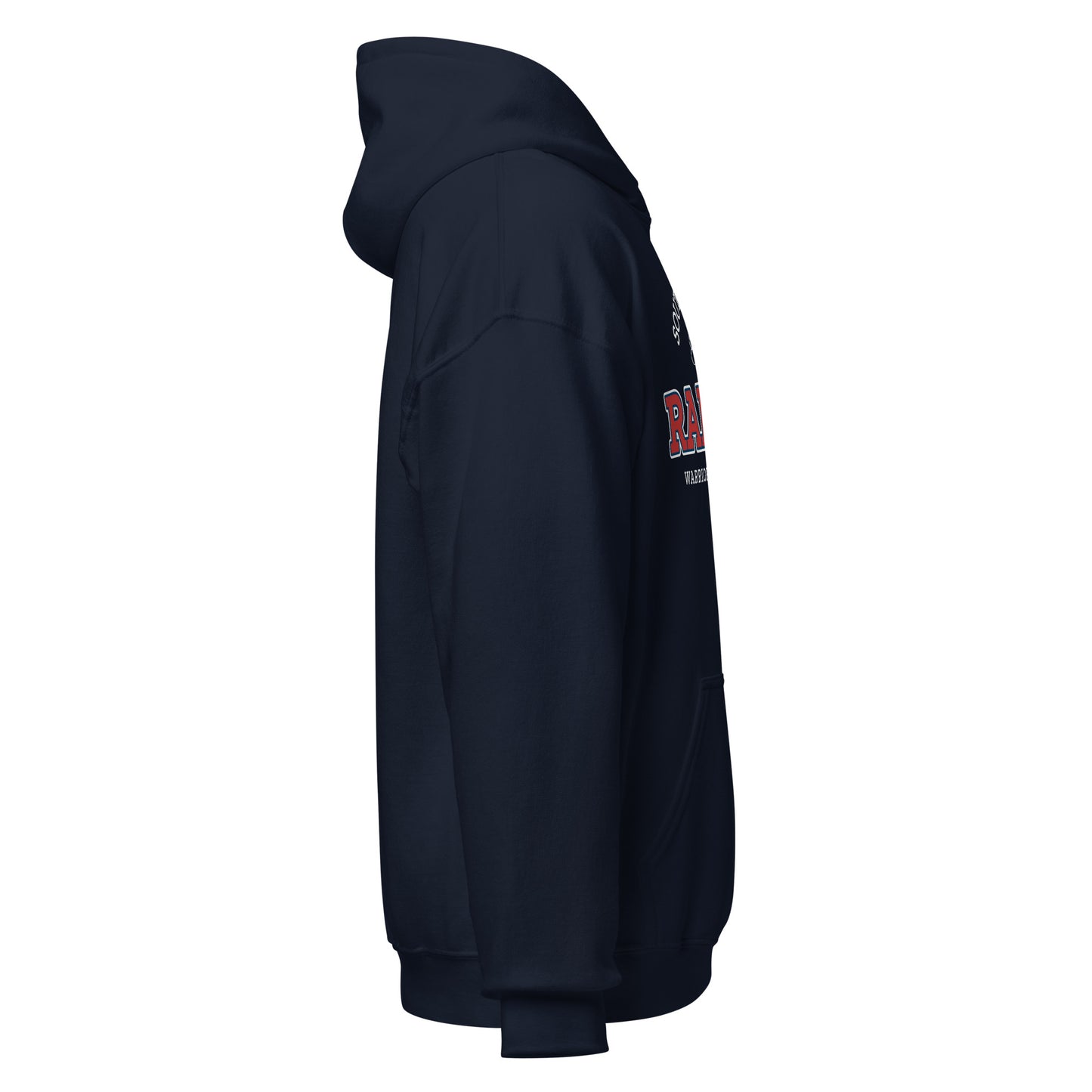Navy blue Raleigh Warriors athletic club hoodie with vintage collegiate design.