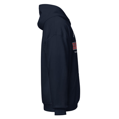 Navy blue Raleigh Warriors athletic club hoodie with vintage collegiate design.