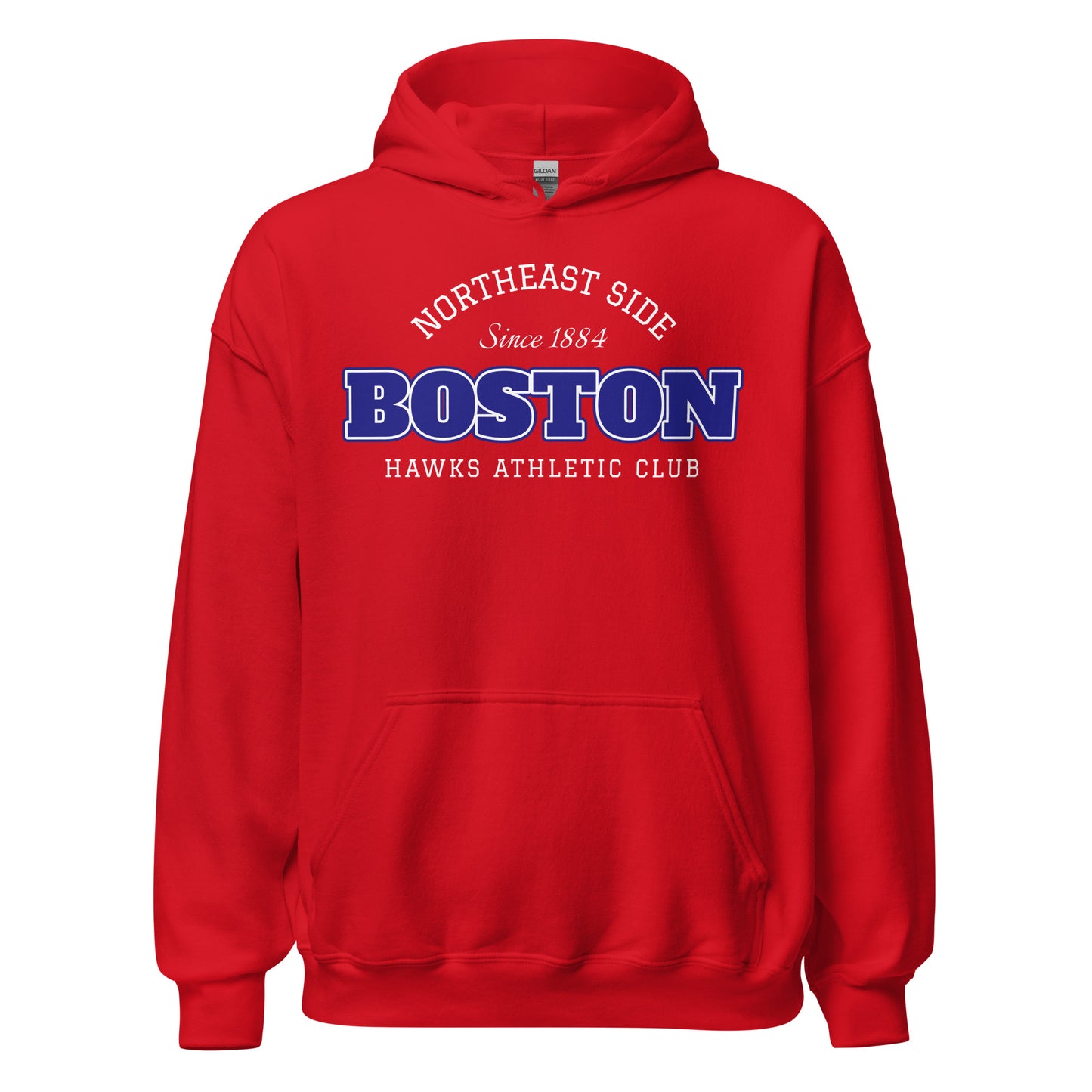 Red hoodie with "Boston Hawks Athletic Club" and "Northeast Side Since 1884" text.
