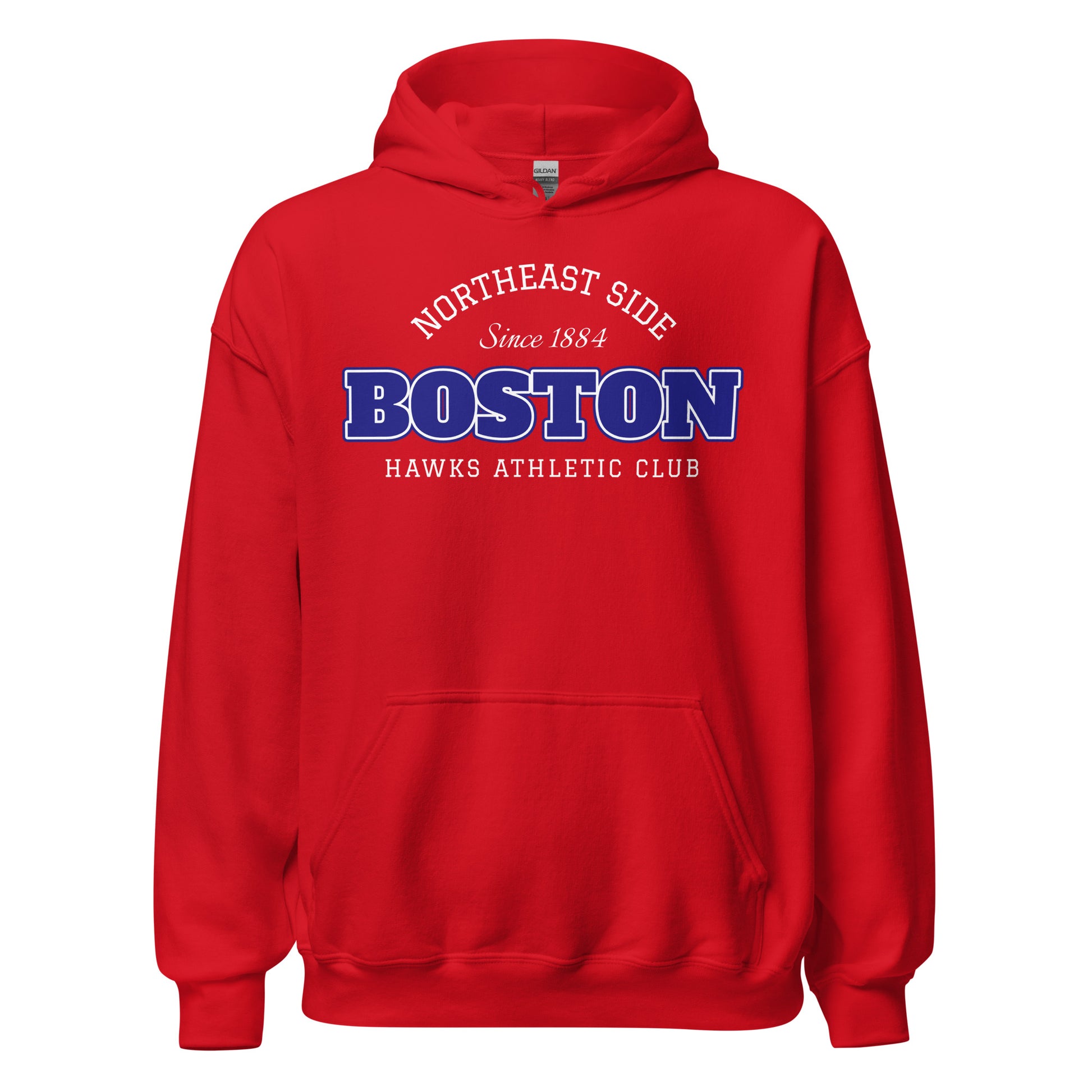 Red hoodie with "Boston Hawks Athletic Club" and "Northeast Side Since 1884" text.