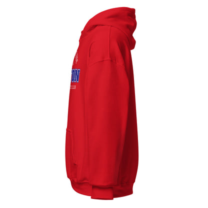 Red Boston Hawks Athletic Club hoodie with "ON" and "TIC CLUB" text.