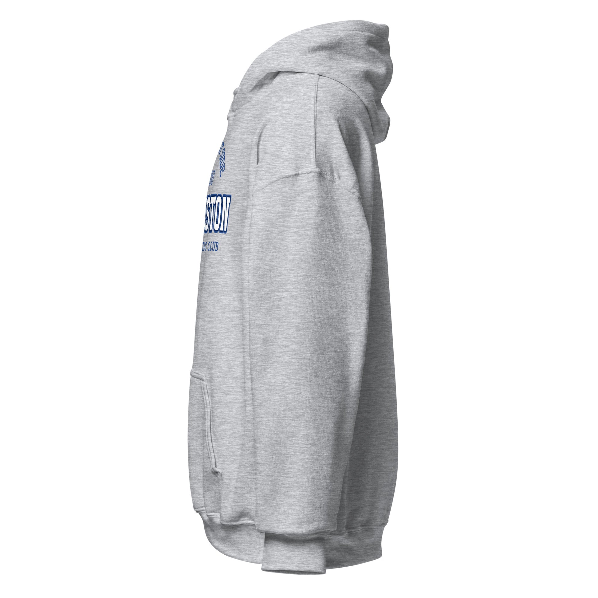 A grey Charleston Athletic Club hoodie with blue text.