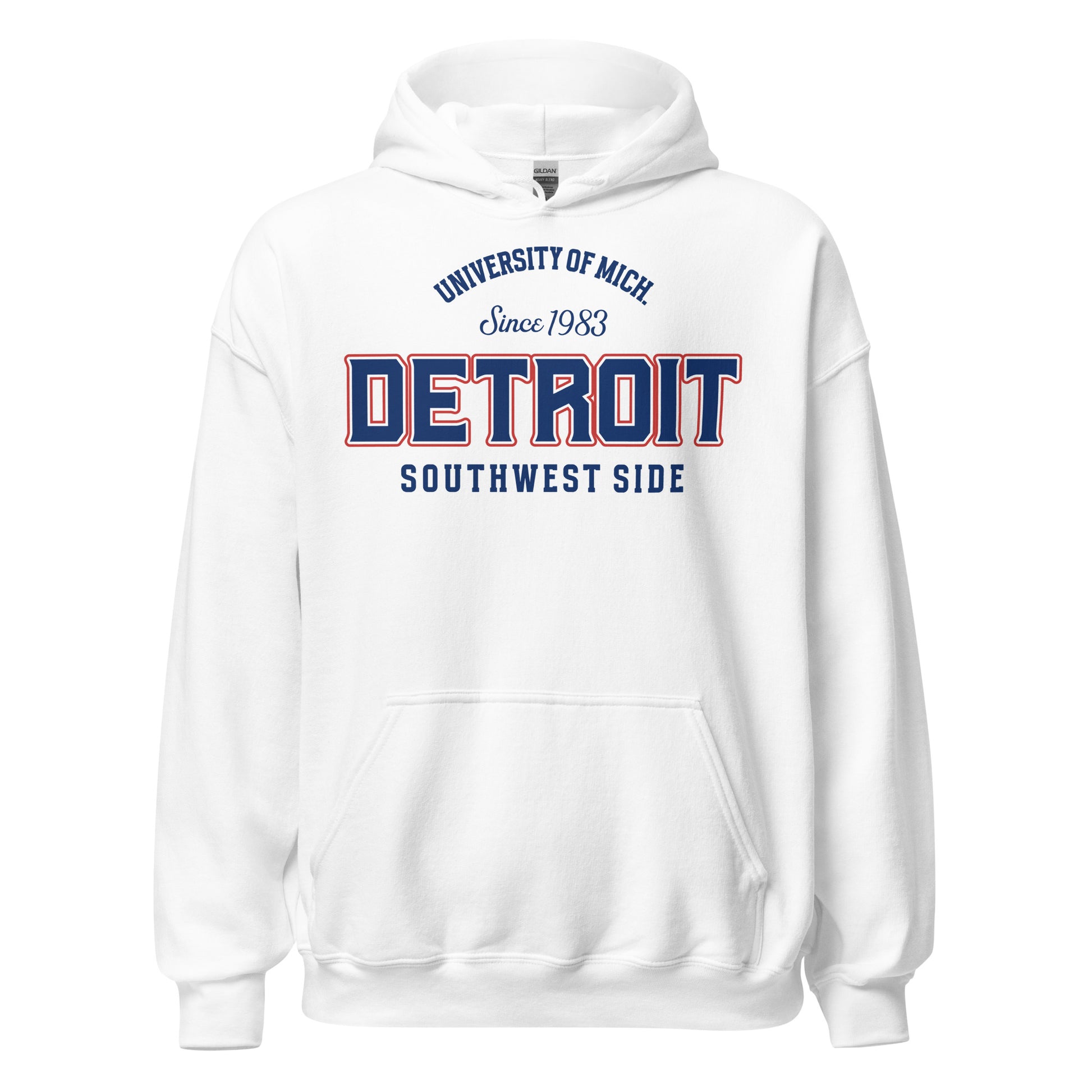 White hoodie with "University of Mich. Since 1983 Detroit Southwest Side" graphic.
