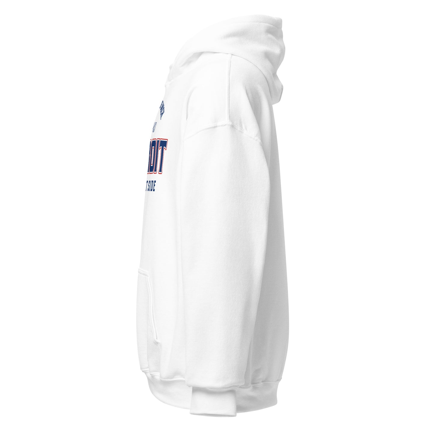 White Detroit Southwest Side hoodie with blue and red lettering.