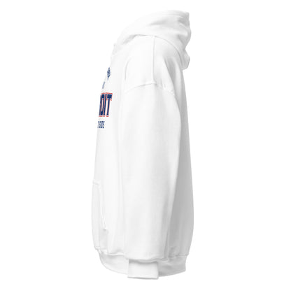 White Detroit Southwest Side hoodie with blue and red lettering.