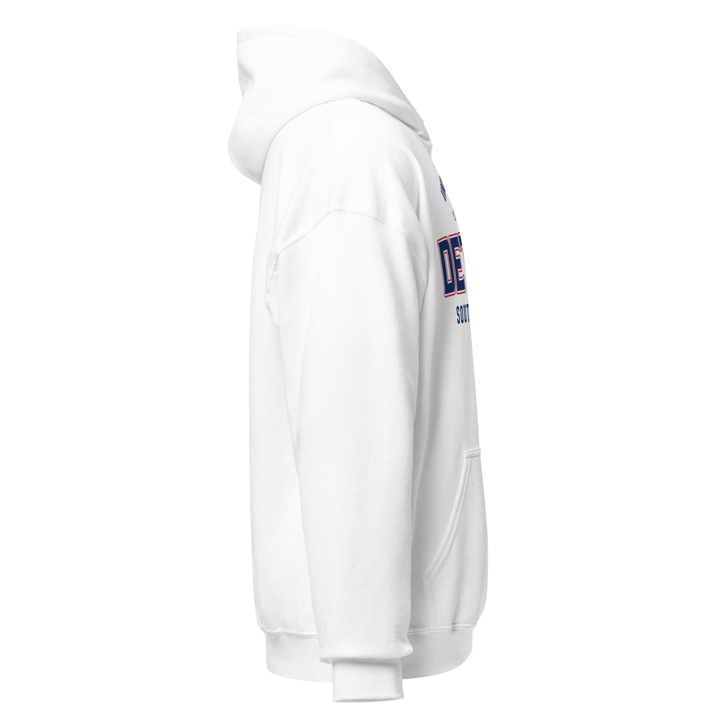 White Detroit Southwest Side hoodie with blue and red lettering.